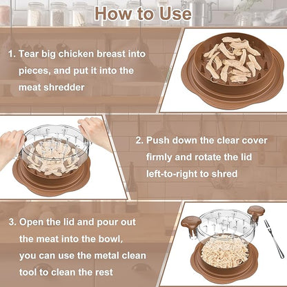 Chicken Shredder Tool Twist Large Chicken Breast Shredder with Brush&Fork, Visible Meat Shredder Machine, Strong Anti-Slip Strip, Ergonomic Handle, BPA Free, Suitable for Pork Beef Chicken(Brown)