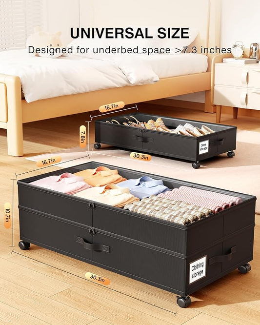 Under Bed Storage with Wheels,1Pack Underbed Shoe Storage Organizer,7.5-10.6 inchTall Adjustable Storage for Underbed with Lids,65L Extra large capacity for Clothes, Blankets,Shoes