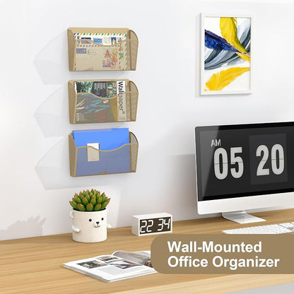 EasyPAG Wall File Organizer 3 Pack, Hanging File Organizer Wall Mount, Metal Mesh Folder Holder for Letter/A4 Papers, Mail Sorter for Office, Classroom, Home, Gold