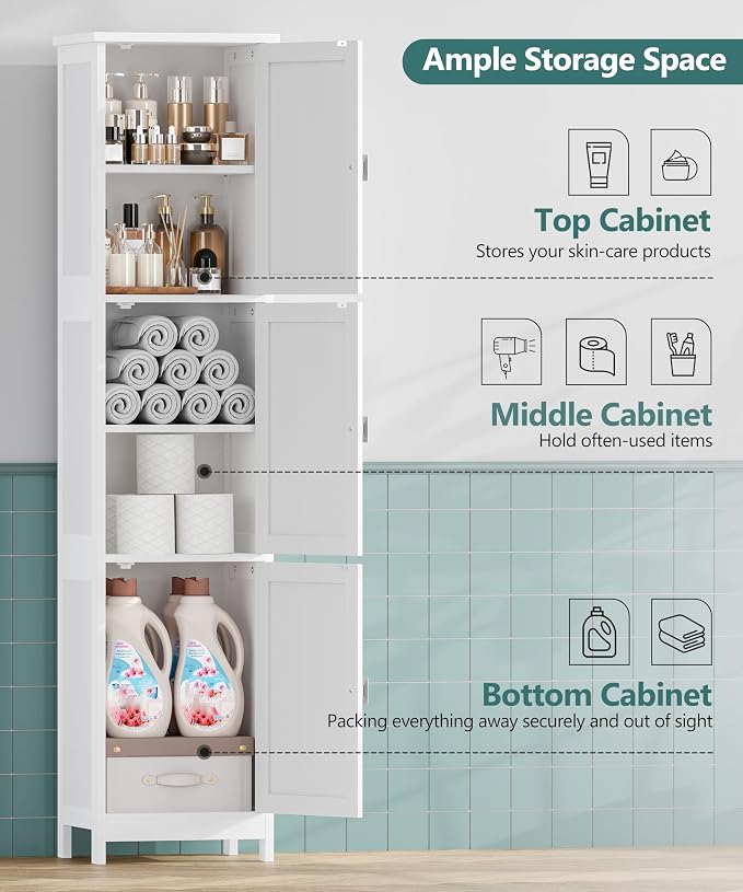 Tall Narrow Bathroom Storage Cabinet, 3-Tier Slim Storage Cabinet with Adjustable Shelves and 3 Doors, Linen Cabinet for Bathrooms, Living Room, Laundry Room, Kitchen, White