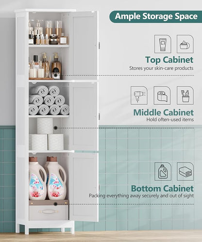 Tall Narrow Bathroom Storage Cabinet, 3-Tier Slim Storage Cabinet with Adjustable Shelves and 3 Doors, Linen Cabinet for Bathrooms, Living Room, Laundry Room, Kitchen, White