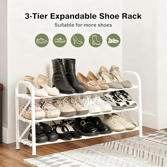 3-Tier Shoe Rack for Closet, 16"-33" Expandable ShoeRackAdjustable for Entryway Closet Doorway SturdyMetal, White