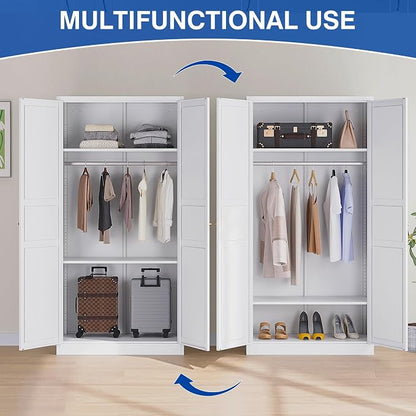 BYNSOE Metal Armoire Wardrobe Closet with 2 Doors 72'' Wardrobe Cabinet with Hanging Rail Metal Closet with Adjustable Shelves for Bedroom Require Assembly(White, 72inch)