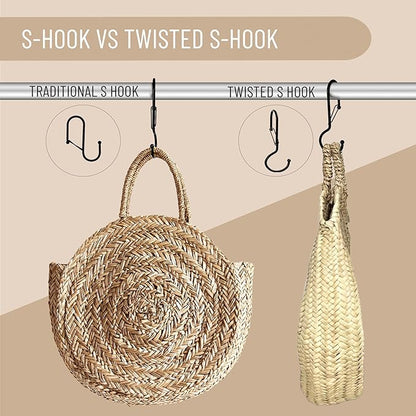 6 Purse Hanger for Closet. Tote Hanger. S-Shaped Hooks S Hooks Twist Design. Anti Drop S-Shaped Hook for Hanging Handbags with Safety Buckle to Prevent Falls. Heavy Duty. (Black, Twisted)
