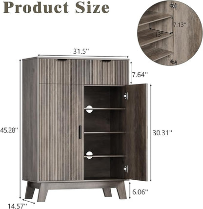 Shoe Cabinet Storage for Entryway, 4 Tier Fluted Shoe Storage Cabinet with 2 Drawers, Narrow Hidden Shoe Organizer with Adjustable Shelves, Freestanding Shoe Rack for Entryway, Hallway, Grey