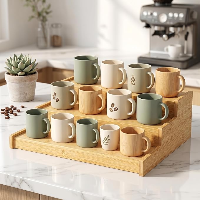 3-Tier Expandable Bamboo Mug Holder Shelf Rack For Countertop Coffee Cup Holder Display, Pantry Can Organizer for Cabinet, Coffee Bar Organizer for Kitchen