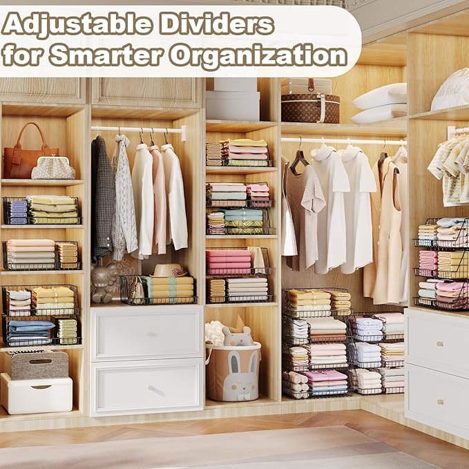 3-Tier Stackable Closet Organizers and Storage, Metal Wire Closet Shelves, Space-Saving Closet Organizer with Adjustable Dividers for Bedroom, Cabinet & Laundry Room