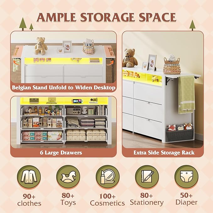 WLIVE 78 Inch LED Dresser for Bedroom, White Dresser with Charging Station, Large Chest of Drawers Expandable with Flexible Shelves and Hanging Rack, Wood Dressers for Closet, Living Room (85" TV)