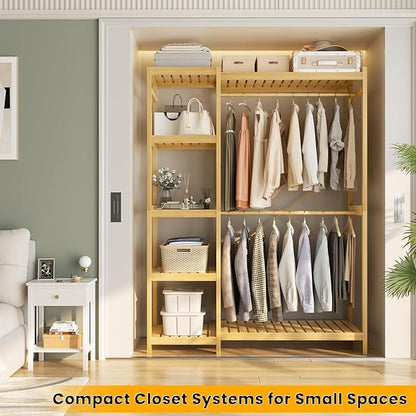 Homykic Bamboo Clothes Rack Garment Rack for Hanging Clothes, Heavy Duty Clothing Rack with 7 Tiers Adjustable Shelves, Double Rods, 4 Hooks, Freestanding Closet System Organizer Wardrobe, Natural