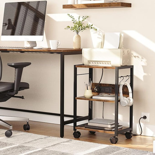 MAHANCRIS Industrial Printer Cart, 3-Tier Mobile Printer Stand, Rolling Cart with Power Outlets and USB Ports, Home Printer Stand with 2 Hooks, for Office, Living Room, Rustic Brown PTHR40E01Z