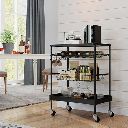Sekey Rolling Kitchen Cart with Wine Rack, Bar Cart, Home Bar Serving Cart on Wheels with Hook, Mobile Beverage Microwave Carts, for Home, Living Room, Dinning Room, Black and Light Brown