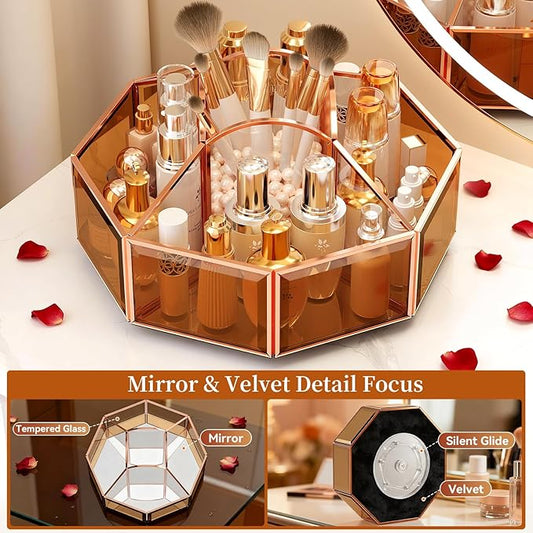 360° Rotating Makeup Organizer Spinning Vanity Organizer with Makeup Brush Holder for Countertop, Bathroom Storage, Skincare, Perfume & Cosmetic Organizer for Vanity Amber