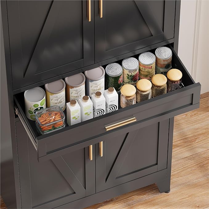 COFaR 71 in Tall Kitchen Pantry Cabinet, Metal Pantry Storage Cabinet with 4 Adjustable Shelves and 4 Barn Doors, Freestanding Farmhouse Food Cupboard for Dining Room Garage, Black 6-Tier