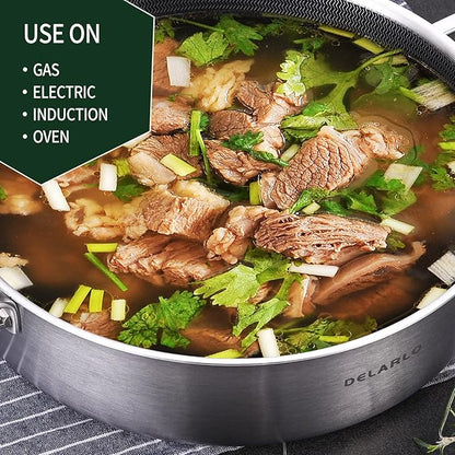 DELARLO Frying Pan,12 inch Skillet with lid,Tri-Ply Stainless Steel Saute Pan 6QT,Dishwasher-Friendly,Stay-Cool Handles,Oven-Safe Up to 660℉