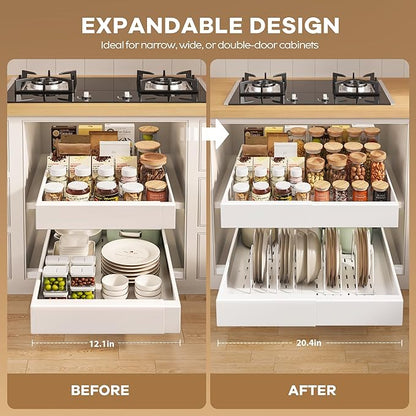 Seinloes 6 Pack Pull out Cabinet Organizer 21"Deep with Raising Pad for Framed Cabinets, Expandable Slide out Drawers for Kitchen Cabinets with 6pcs Divider Racks, Roll out Shelves 12.1"-20.4" W White