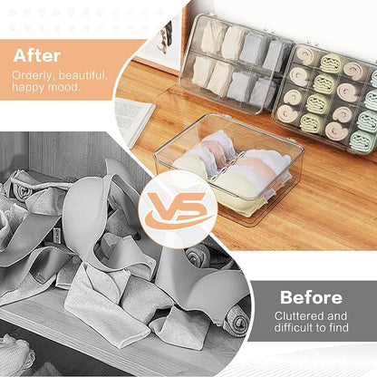 Sock Underwear Organizer, 16 Compartment Adjustable Dividers Tie Socks Underwear Drawer Organizers for Closet, Clear Plastic Storage Containers Box with Lids for Ties Scarf Socks Bras