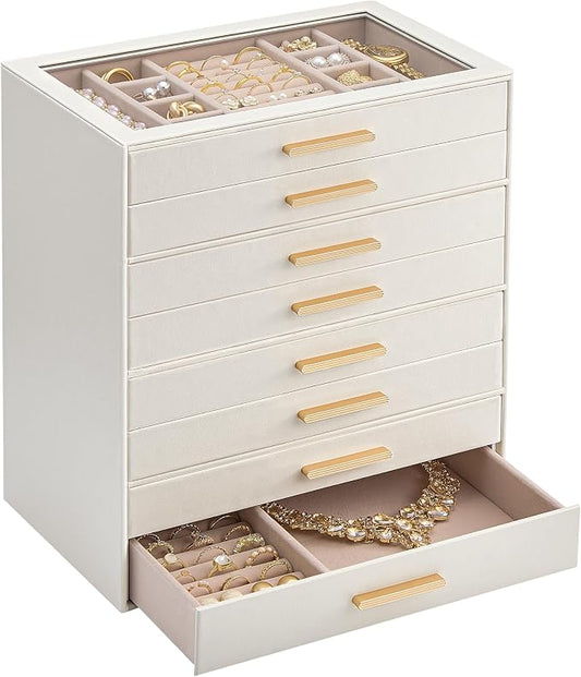 Lolalet Jewelry Box Organizer, 8-Layer Jewelry Organizers and Storage Case with Glass Lid, Ring Earring Bracelet Necklace Holder Organizer, Birthday Valentine Gifts for Women Girls -8Layer, Beige