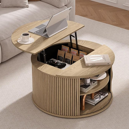 SULIVES Round Coffee Table with Lifting Top, Multifunctional Drum Coffee Table with Sliding Door, Small Fluted Center Table for Living Room, Oak