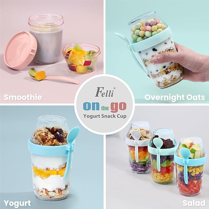 Felli On the Go Yogurt Parfait Snack Cups with Lid, Reusable Acrylic Travel Jars for Chia Pudding, Portion Control Breakfast & Lunch Containers, Small Fridge Food Storage (2, Green)