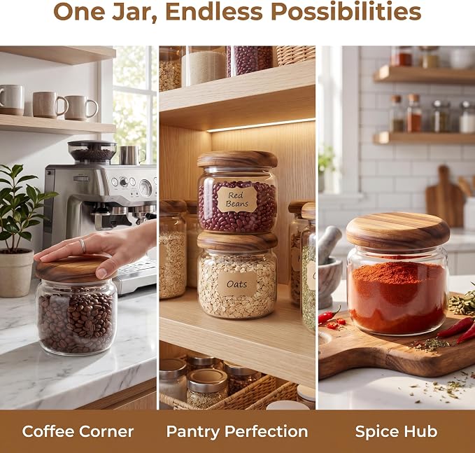 2-Pack 10 fl oz Wide Mouth Mason Jars with Spoon & Labels, Acacia Wood Lids & Press Seal, No Plastic, for Pantry, Coffee, Yogurt, Candy, Spice Storage.