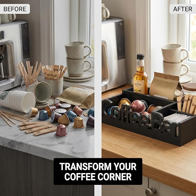 Coffee Bar Organizer for Countertop – Wooden Coffee Caddy with Compartments for Pods, Sugar Packets, and Accessories – Coffee Condiment Station Storage for Home and Office (Black)
