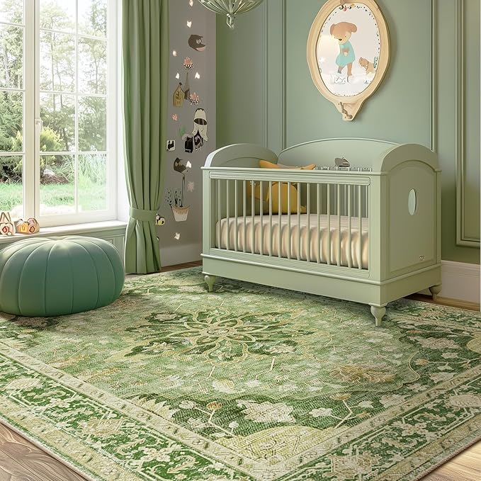 RELEANY Area Rugs 6'x9' Washable Non-Slip, Floral Vintage Distress Medallion Carpet for Living Room Bedroom Dining Room, Sage Green Yellow