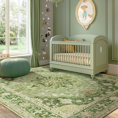 RELEANY Area Rugs 6'x9' Washable Non-Slip, Floral Vintage Distress Medallion Carpet for Living Room Bedroom Dining Room, Sage Green Yellow