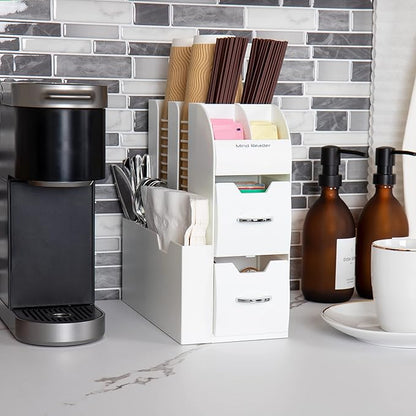 Mind Reader Cup and Condiment Station, Countertop Organizer, Coffee Bar, Kitchen, Stirrers, 5.375"L x 12"W x 11.25"H, White