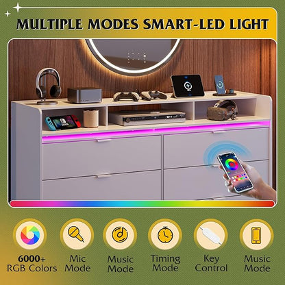 WLIVE 9 Drawer Led Dresser for Bedroom, 58" White Wood Dresser Storage Organizer with Charging Station for 65" TV, Dressers with Open Shelves, Chest of Drawers for Closet, Living Room