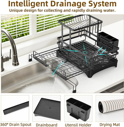 AULEEP 2 Tier Dish Drying Rack, 2-in-1 Expandable Dish Racks for Kitchen Counter, Anti-Rust Large Drainers for Kitchen Sink with Drying Mat, Cups Holder, Utensil Holder