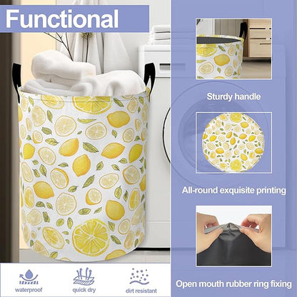 Yellow Lemon Laundry Hamper Large Canvas Fabric Lightweight Storage Basket/Dirty Clothes Collapsible Waterproof for College Dorms, Boys and Girls Bedroom,Bathroom