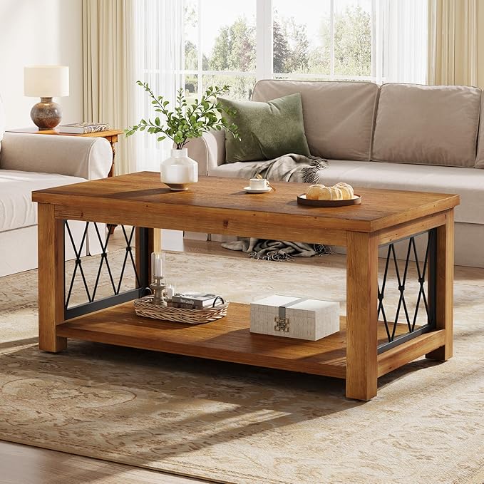 47.2" Solid Wood Coffee Table, Farmhouse Rectangular Center Table, 2-Tier Low Cocktail Tea Table, Rhomboid Metal Frame, Easy Assembly, for Living Room, Bedroom, Balcony & Office