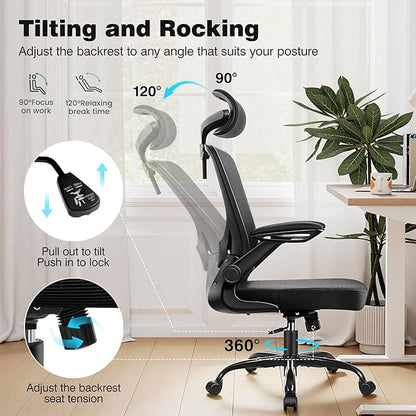 Ergonomic Office Desk Chair Comfy, High Back Mesh Office Desk Chairs with Adjustable Lumbar Support, Headrest, Flip-up Armrests, Home Computer Chair for Gaming, Work, 4 Pack