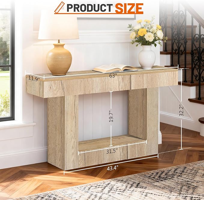 63 Inch Long Entryway Table U-Shaped Extension, Wooden Console Table with Socket Farmhouse Sofa Table for Entrance, Hallway, Living Room,Behind Couch((Natural Brown)