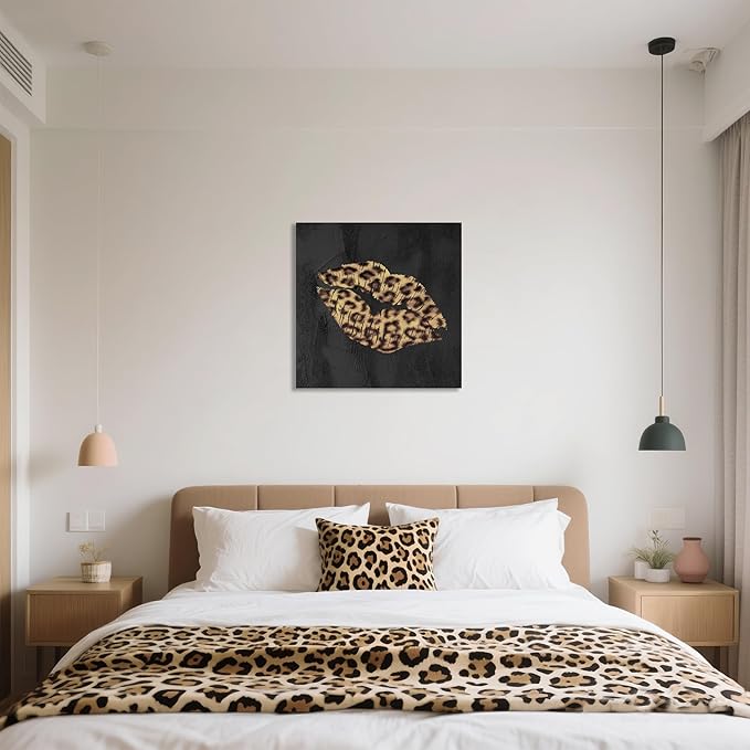 Fashion Lip Canvas Wall Art Sexy Leopard Lip Wall Decor Cheetah Print Room Decor Framed Picture Artwork for Bedroom Bathroom Dressingroom 32x32Inch