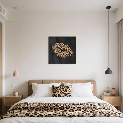 Fashion Lip Canvas Wall Art Sexy Leopard Lip Wall Decor Cheetah Print Room Decor Framed Picture Artwork for Bedroom Bathroom Dressingroom 32x32Inch