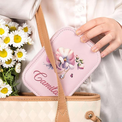 CALLIE Personalized Travel Jewelry Box for Women, Retro Gemstone Birth Flower PU Leather Jewelry Organizer Case with Name and LED Mirror, Valentine’s Day Birthday Gifts for Mom Sister Daughter Wife