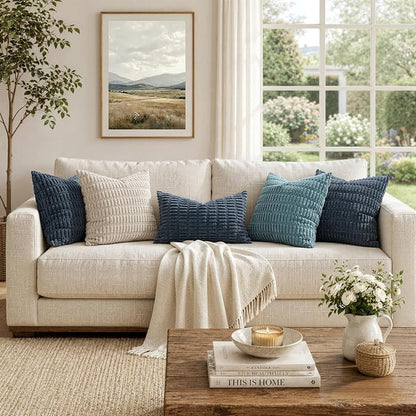 MIULEE Pack of 2 Corduroy Decorative Lumbar Throw Pillow Covers 20x12 Inch Soft Boho Striped Pillow Covers Modern Farmhouse Home Decor for Summer Coastal Sofa Living Room Couch Bed Blue
