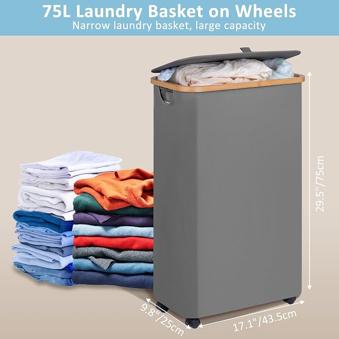 efluky Slim Laundry Basket with Wheels, Tall Rolling Laundry Hamper with Lid and Removable Bag, Aesthetic Dirty Clothes Hamper on Wheels for Laundry Room, Bedroom, Dorm and Bathroom,75L Grey