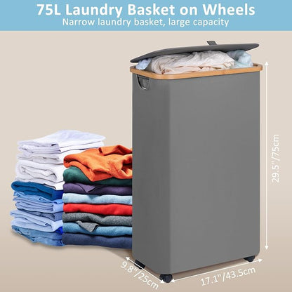 efluky Slim Laundry Basket with Wheels, Tall Rolling Laundry Hamper with Lid and Removable Bag, Aesthetic Dirty Clothes Hamper on Wheels for Laundry Room, Bedroom, Dorm and Bathroom,75L Grey