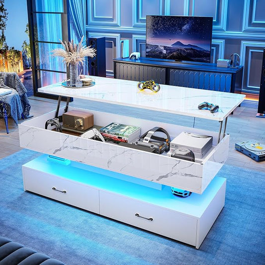 SEDETA 47.2" Lift Top Coffee Table, Coffee Tables with Storage for Living Room, 2 Drawers Coffee Table with Power Outlet & LED Light for Dining Reception Room, High Gloss White Marble