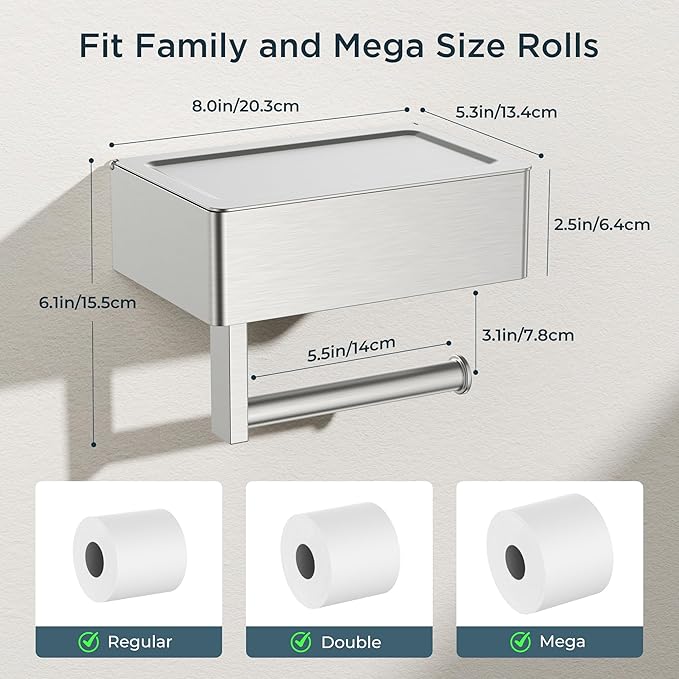 FORIOUS Toilet Paper Holder with Shelf, Sanitary Napkin Receptacle Tampon Holder, Wall Mount Toilet Paper Holder with Storage, Flushable Wipes Dispenser Fits for Bathroom Commercial(1, Brushed Nickel)