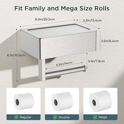 FORIOUS Toilet Paper Holder with Shelf, Sanitary Napkin Receptacle Tampon Holder, Wall Mount Toilet Paper Holder with Storage, Flushable Wipes Dispenser Fits for Bathroom Commercial(1, Brushed Nickel)