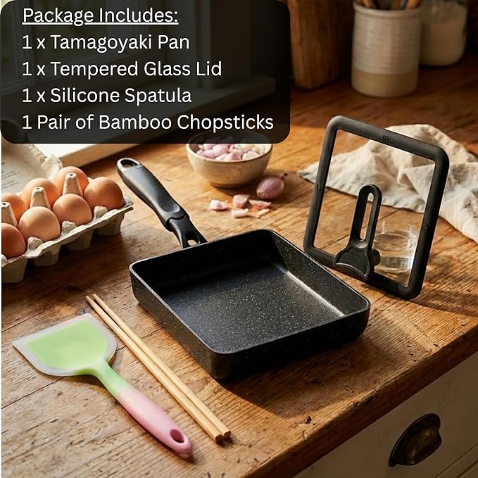 Tamagoyaki Pan - Japanese Egg Pan with Lid - Japanese Omelette Pan Rectangular - Rolled Omelet Nonstick Square Frying Pan - Tamago Cooking Pan Induction Compatible 7x6