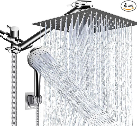 Shower Head Combo,10 Inch High Pressure Rain Shower Head with 11 in Adjustable Extension Arm and 5 Settings Handheld,Powerful Shower Spray Against Low Pressure Water with Long Hose