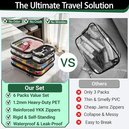 YQBRAO 6 Pack Sleek Black Clear Hard Shell Zipper Case, 1.2mm Heavy Duty Tech & Cosmetic Bags, Crush-Proof Electronic Storage & Makeup Organizer for Travel, Tools & Diaper Bag (2L+2M+2S)