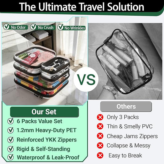 YQBRAO 6 Pack Sleek Black Clear Hard Shell Zipper Case, 1.2mm Heavy Duty Tech & Cosmetic Bags, Crush-Proof Electronic Storage & Makeup Organizer for Travel, Tools & Diaper Bag (2L+2M+2S)