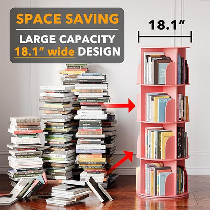 SpaceAid 4 Tier Rotating Bookshelf Tower, Spinning Bookcase Lazy Susan, Revolving 360 Book Shelf Storage Round Carousel, Vertical Rotate Turning Spiral Corner Organizer, Pink
