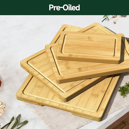 4-Piece Set Bamboo Cutting Board for Kitchen - Crack-Resistant Wood Chopping Boards with Deep Juice Grooves, Pre-Oiled Butcher Block for Meat, Vegetables & Cheese, Natural