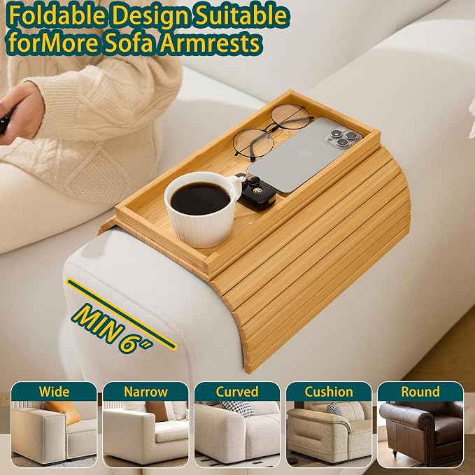 Bamboo Couch Arm Tray Table，Foldable Sofa Armrest Tray Table for Couch，Flexible and Anti-Slip Couch Arm Cup Holder，Portable Sofa Arm Chair Table for Drink,Cups, Eats，Snacks, Phone, Remote